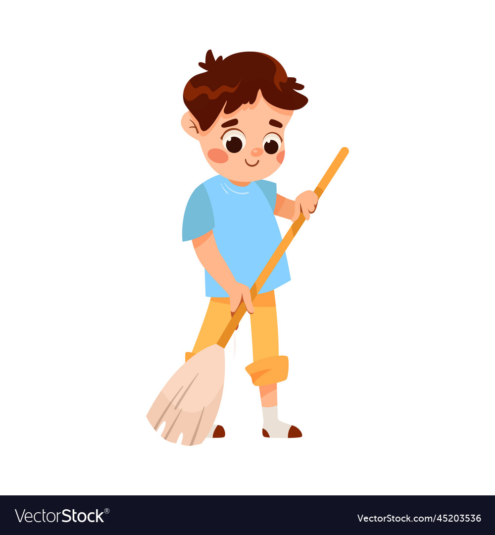 Little boy cleaning sweeping the floor with broom Vector Image