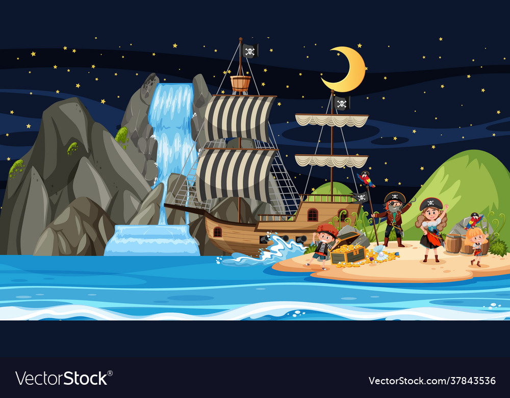 Treasure island scene at night with pirate kids