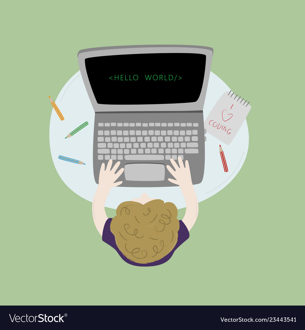 Boy sitting at his desk and coding with laptop Vector Image