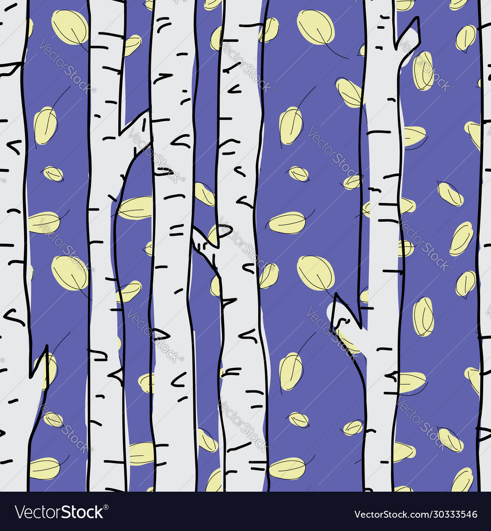 Birch trees and leaves seamless pattern on blue Vector Image