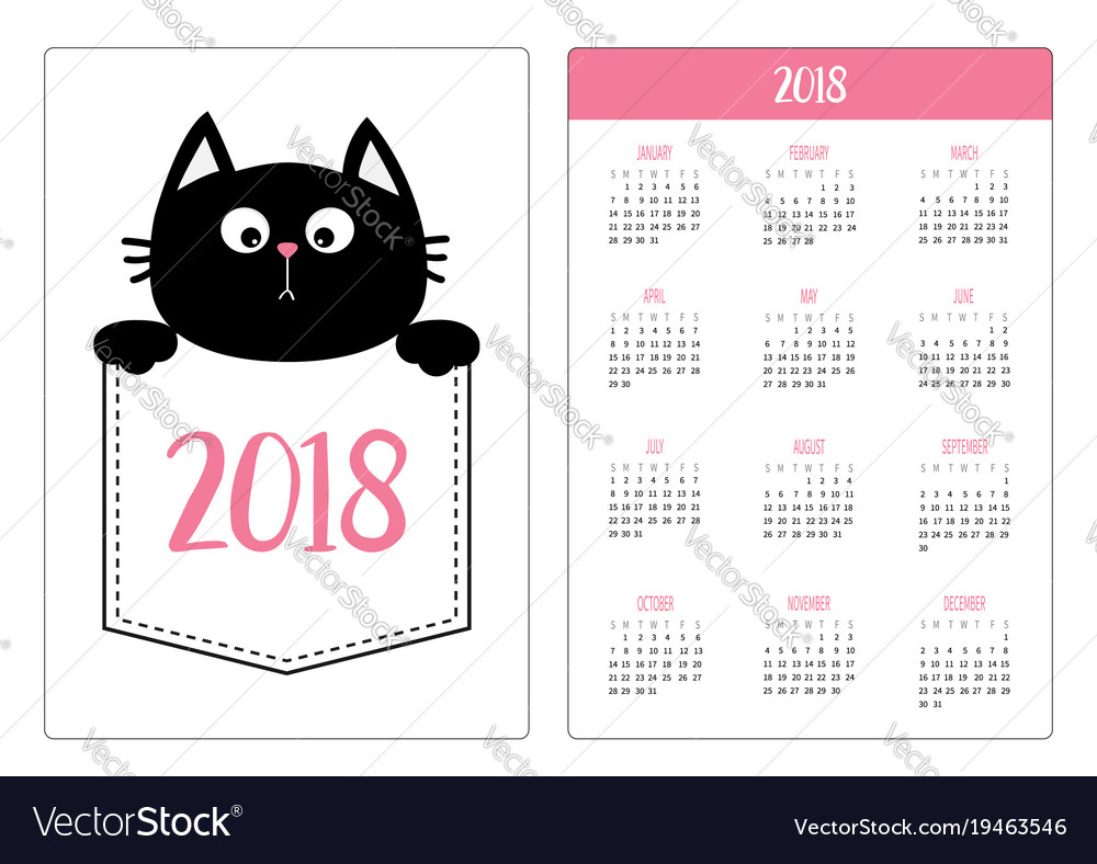 Pocket calendar 2018 year week starts sunday