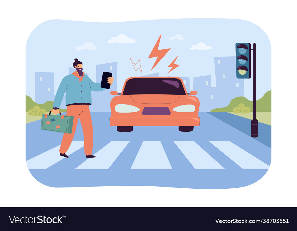 Crosswalk accident with pedestrian. Man with smartphone and