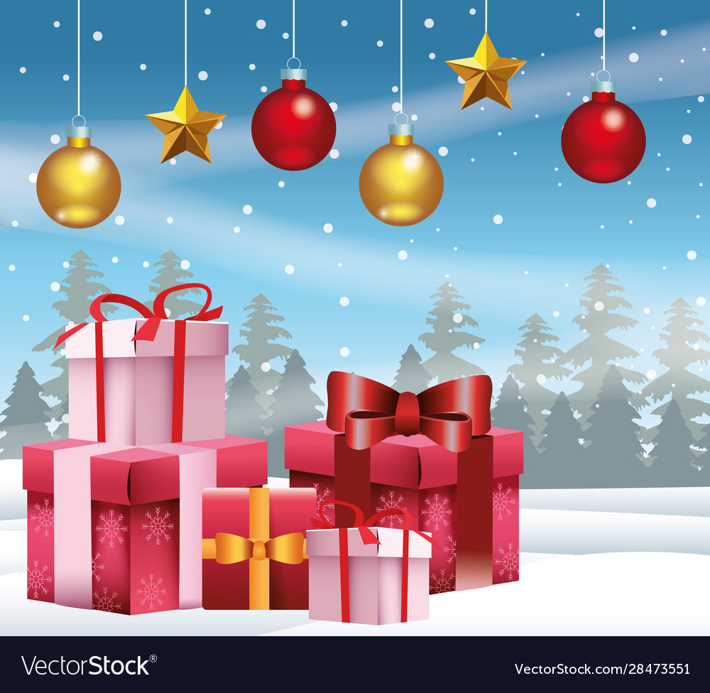 Christmas ornaments hanging and gift boxes over