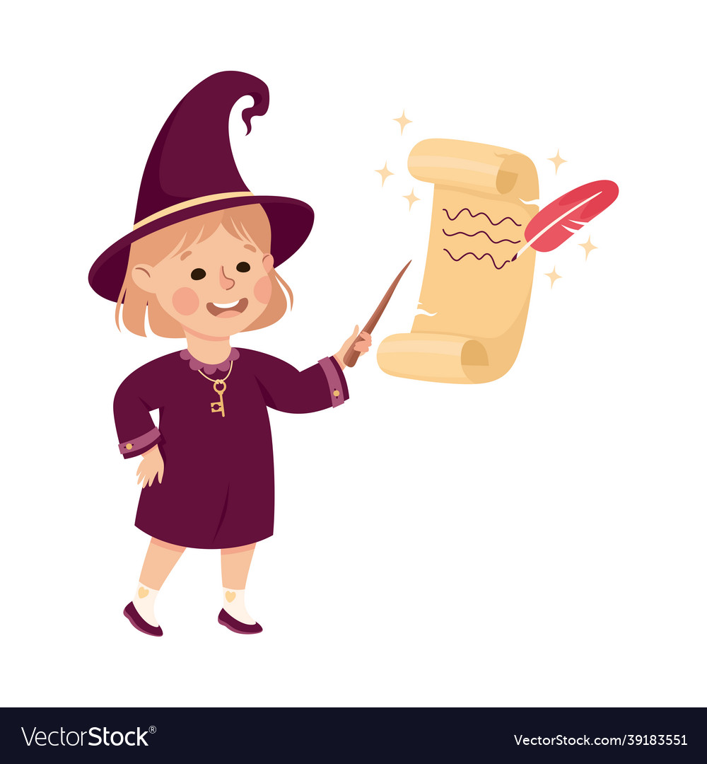 Little girl witch wearing purple dress and pointed