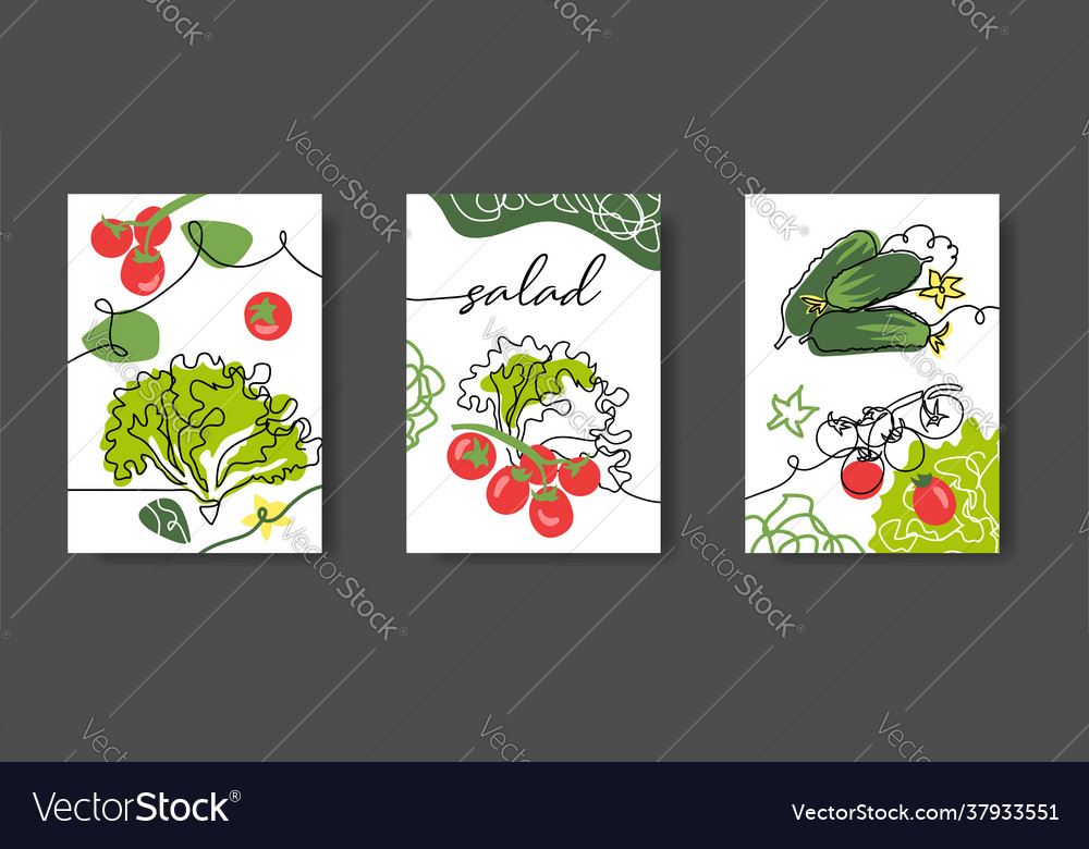 Salad wall line art decoration poster set Vector Image