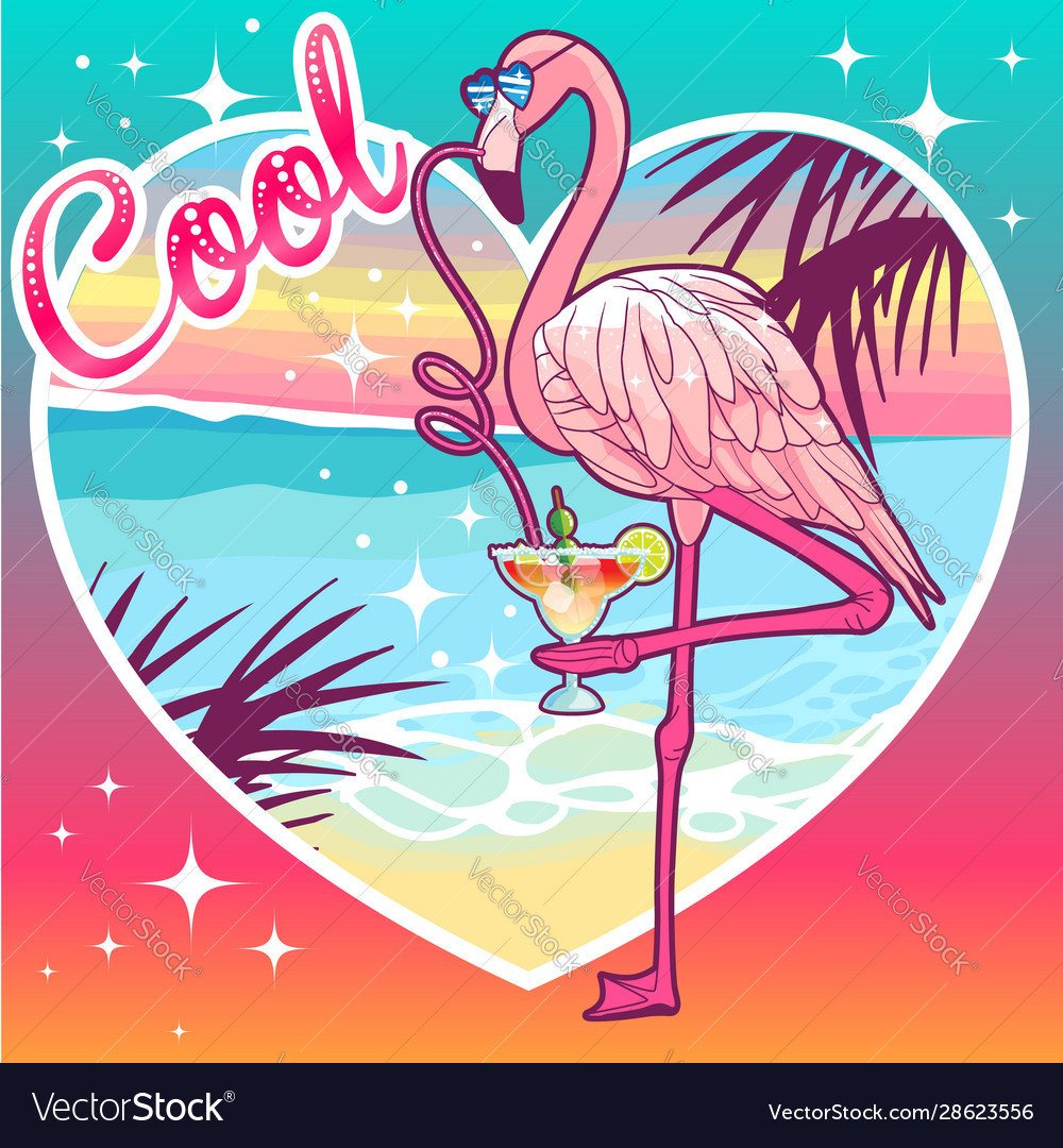 Cool flamingo drinks margarita on a sunset Vector Image