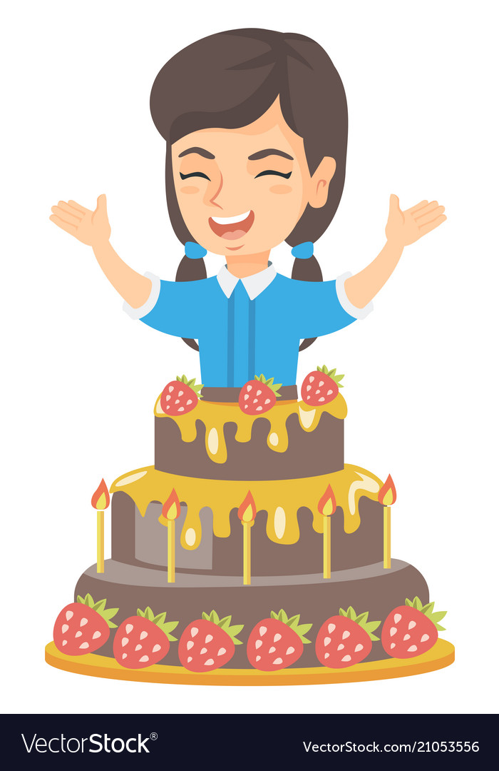 Little Caucasian Girl Jumping Out A Large Cake Vector Image