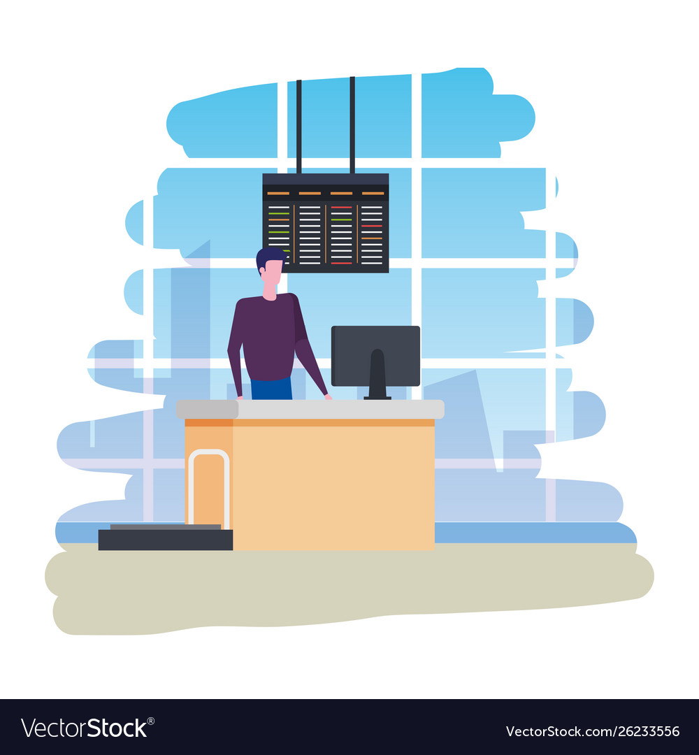 Man working in airport with computer scene