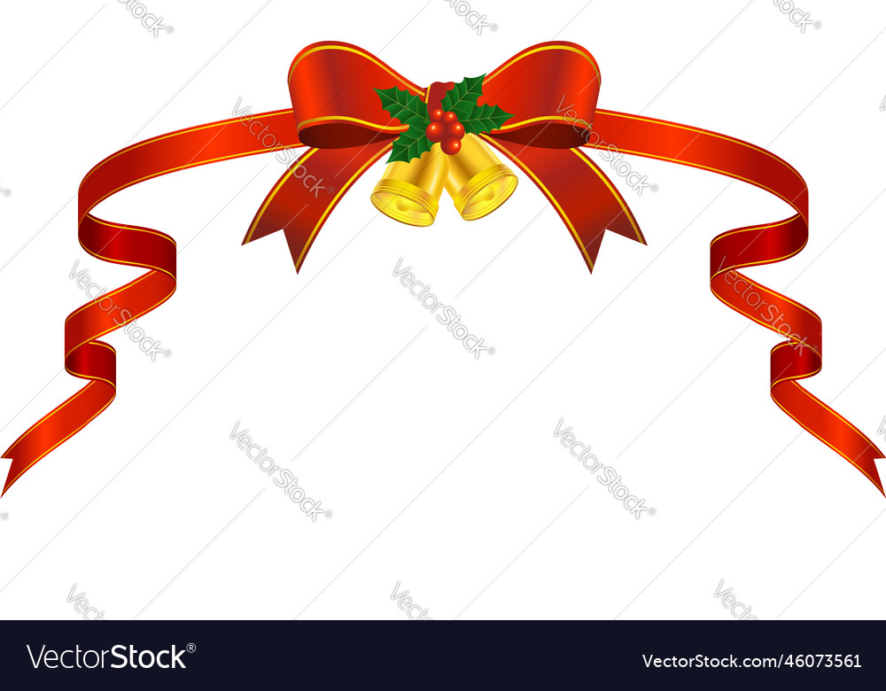 Red wrapping ribbon with christmas bells and holly