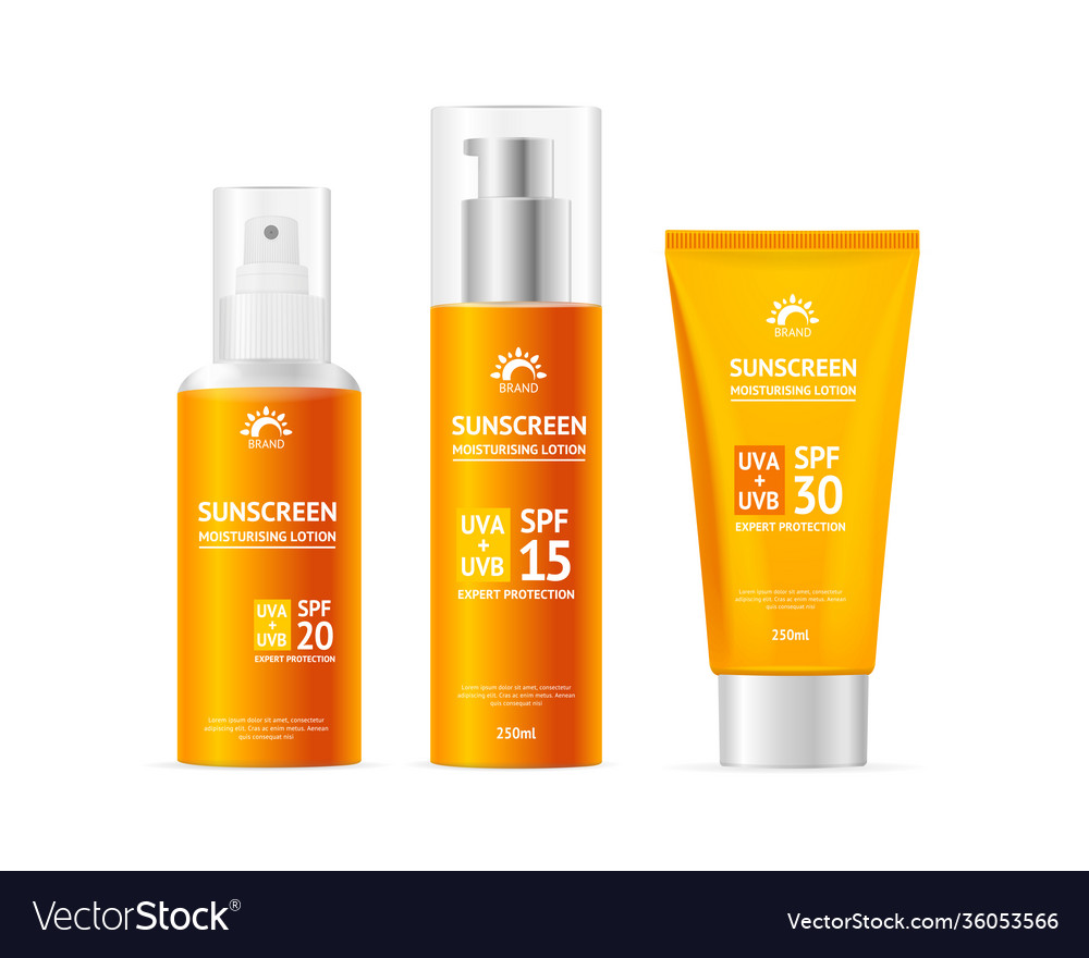 Realistic detailed 3d sunscreen set Royalty Free Vector