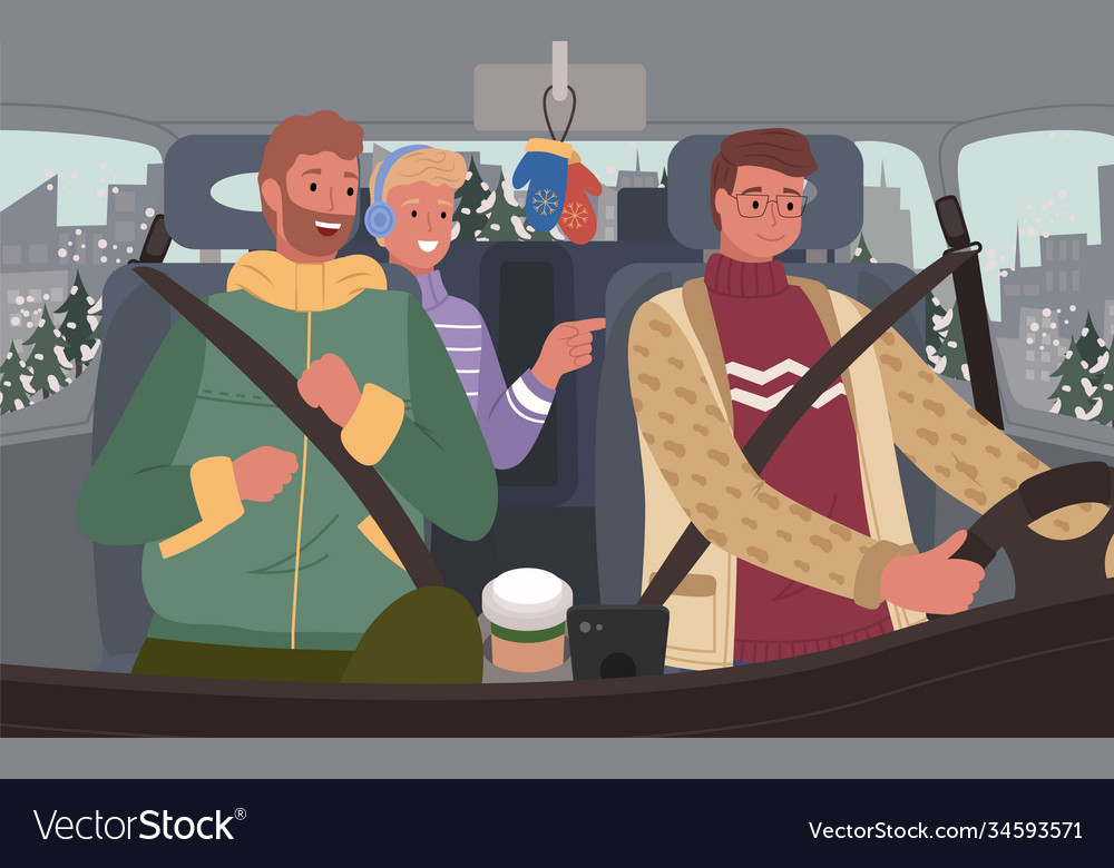 Friends sitting in auto winter road trip Vector Image