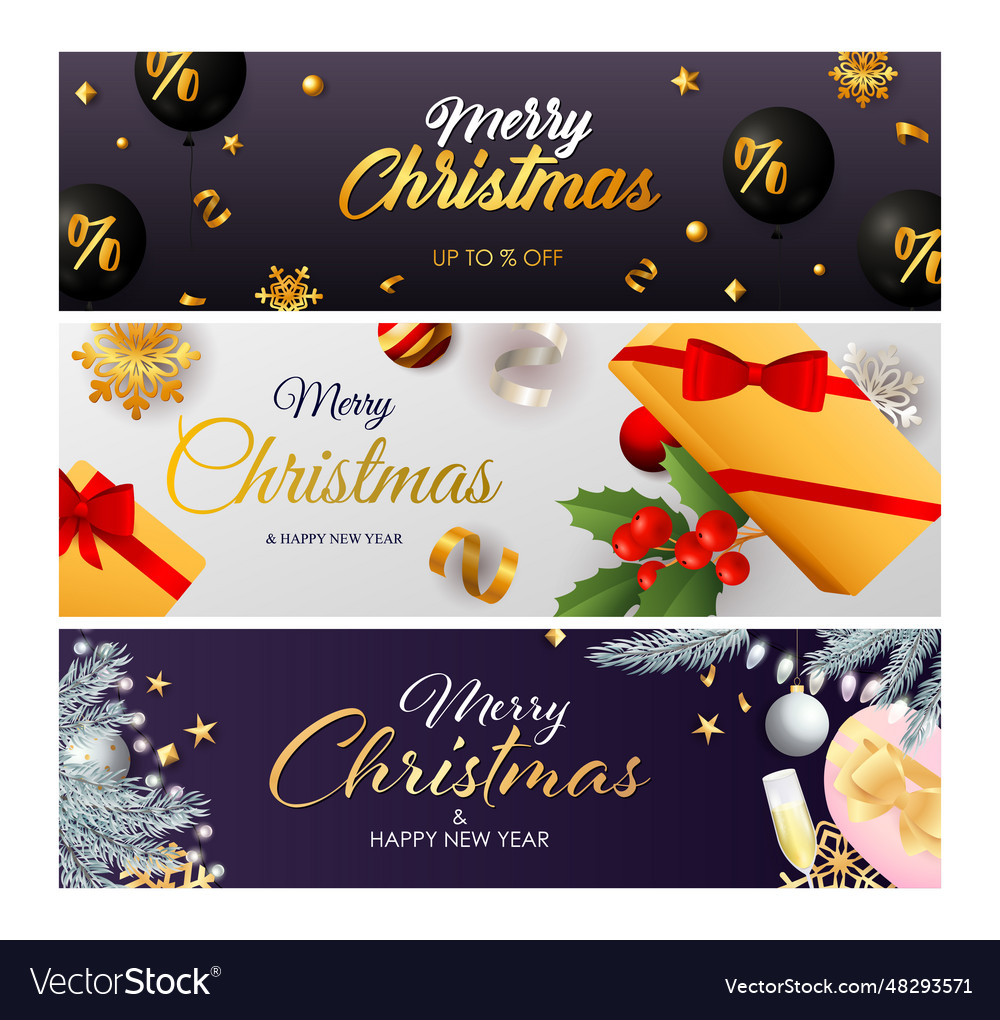 Merry christmas banner set with gold streamer