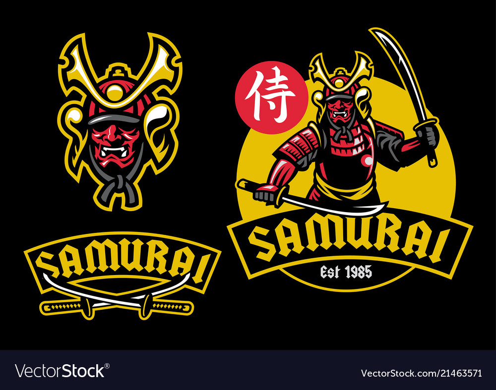 Samurai ronin mascot hold pair of katana Vector Image