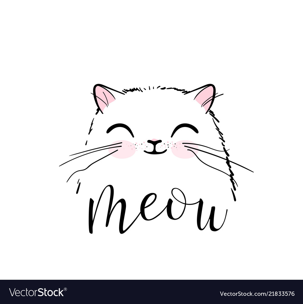 Cute Cat Vector Print Design. Meow Lettering Text. Kitten Face