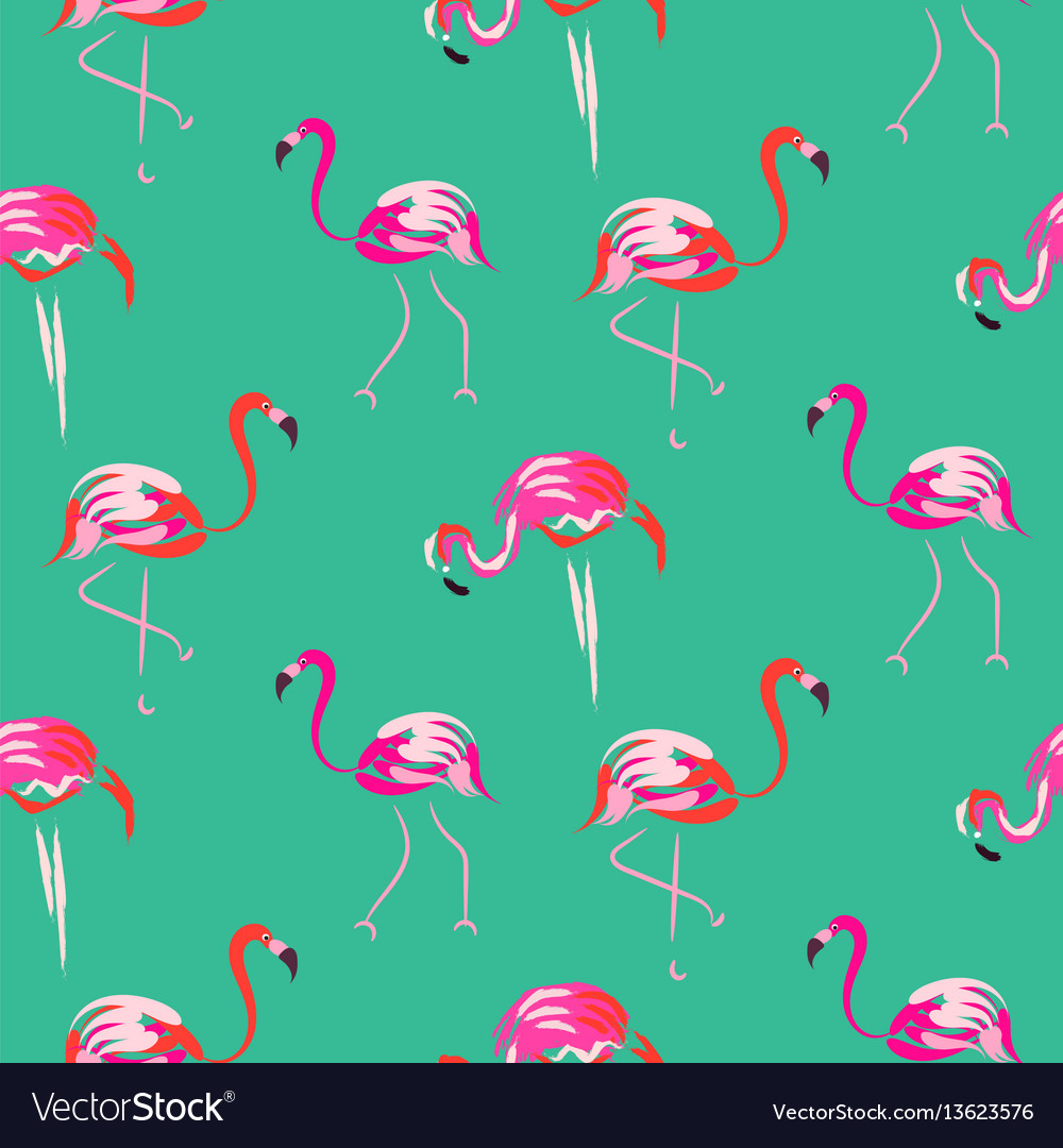 Hand Drawn Pink Flamingo Bird Mint Seamless Vector Image