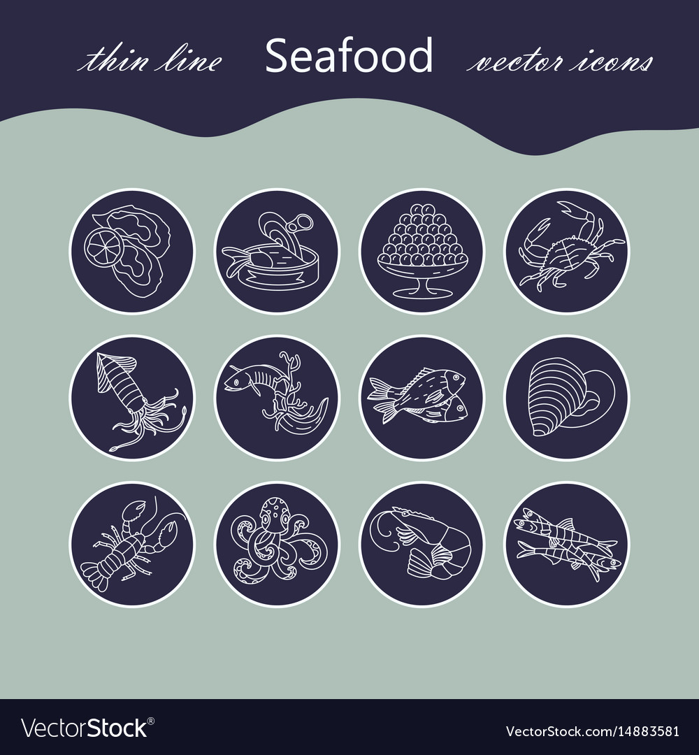 Seafood thin line icons set