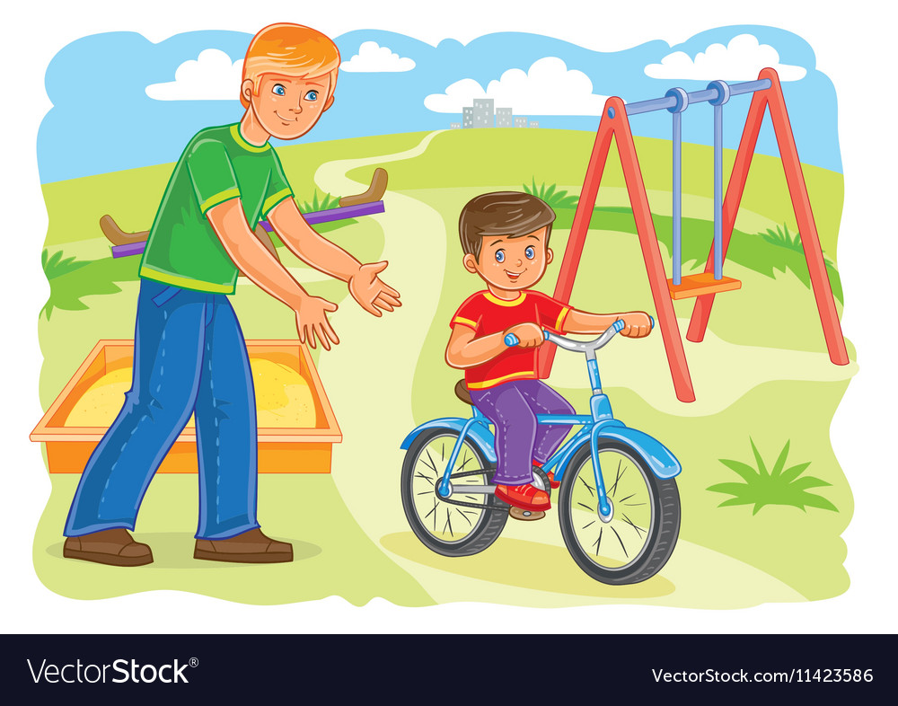 father-teaches-to-ride-a-bike-little-boy-vector-image