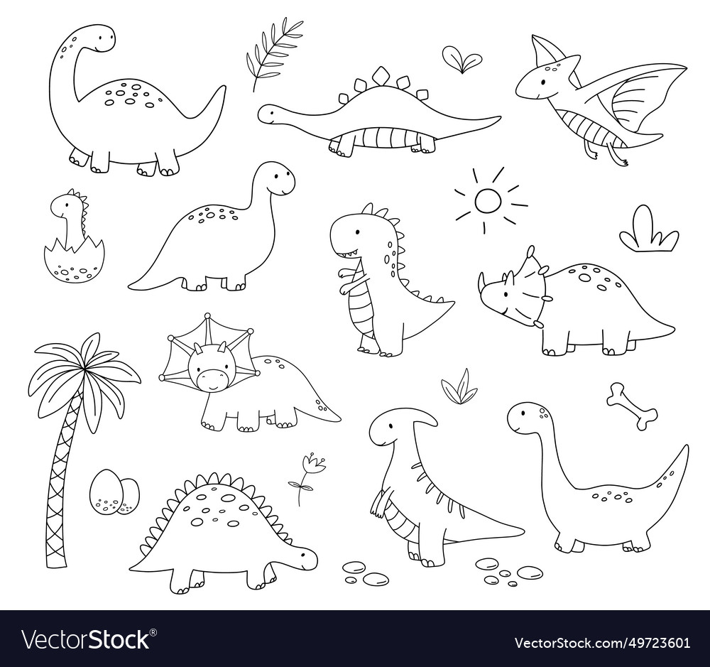 Cute little baby dinosaurs set outline Royalty Free Vector