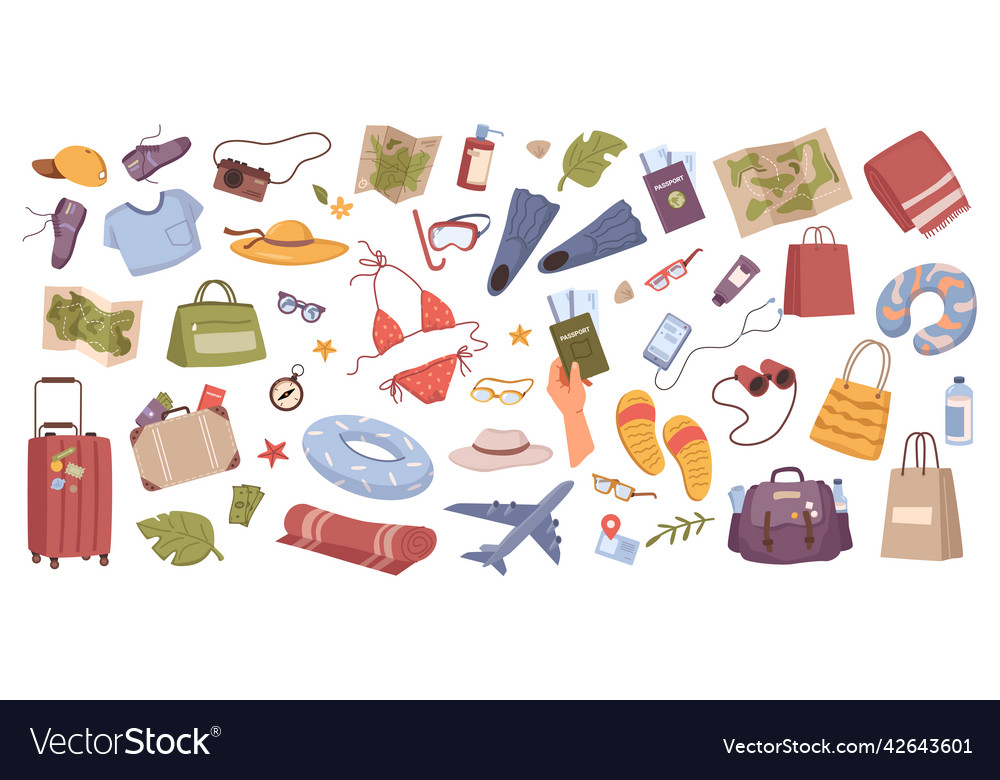 Tourist set bag and stuff clothes maps passport vector image Tourist set bag and stuff clothes maps passport