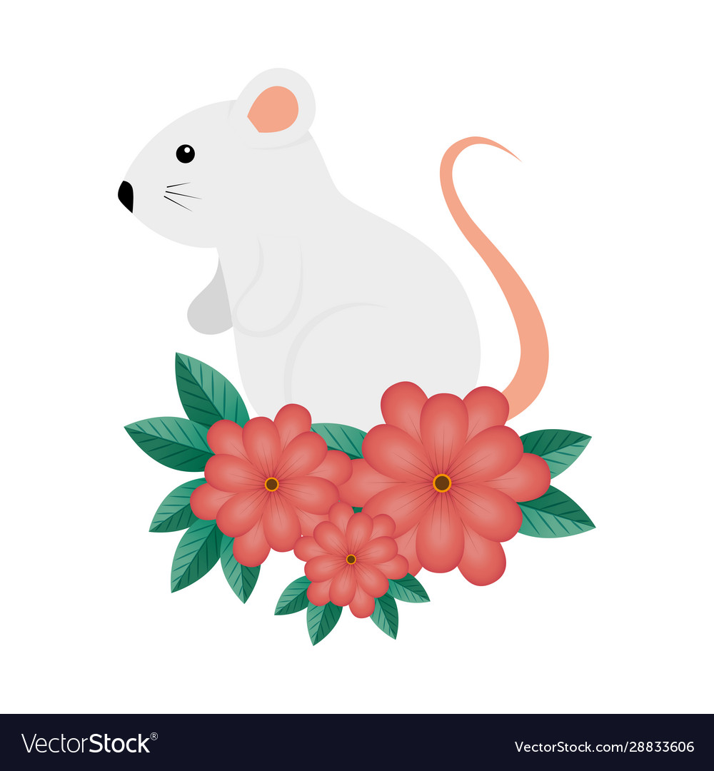 Cute rodent rat with flowers isolated icon