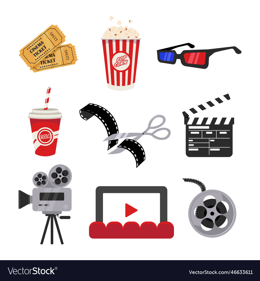 Different movie theater elements flat Royalty Free Vector