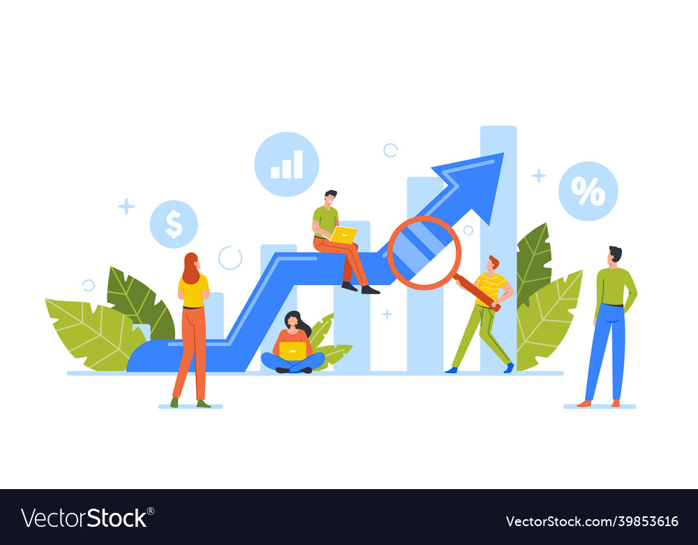 Business characters stand around huge growing Vector Image