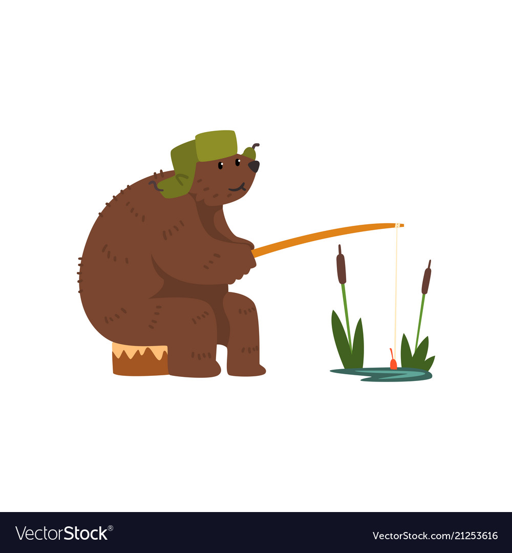 Humanized Male Bear Character Catching Fish Vector Image