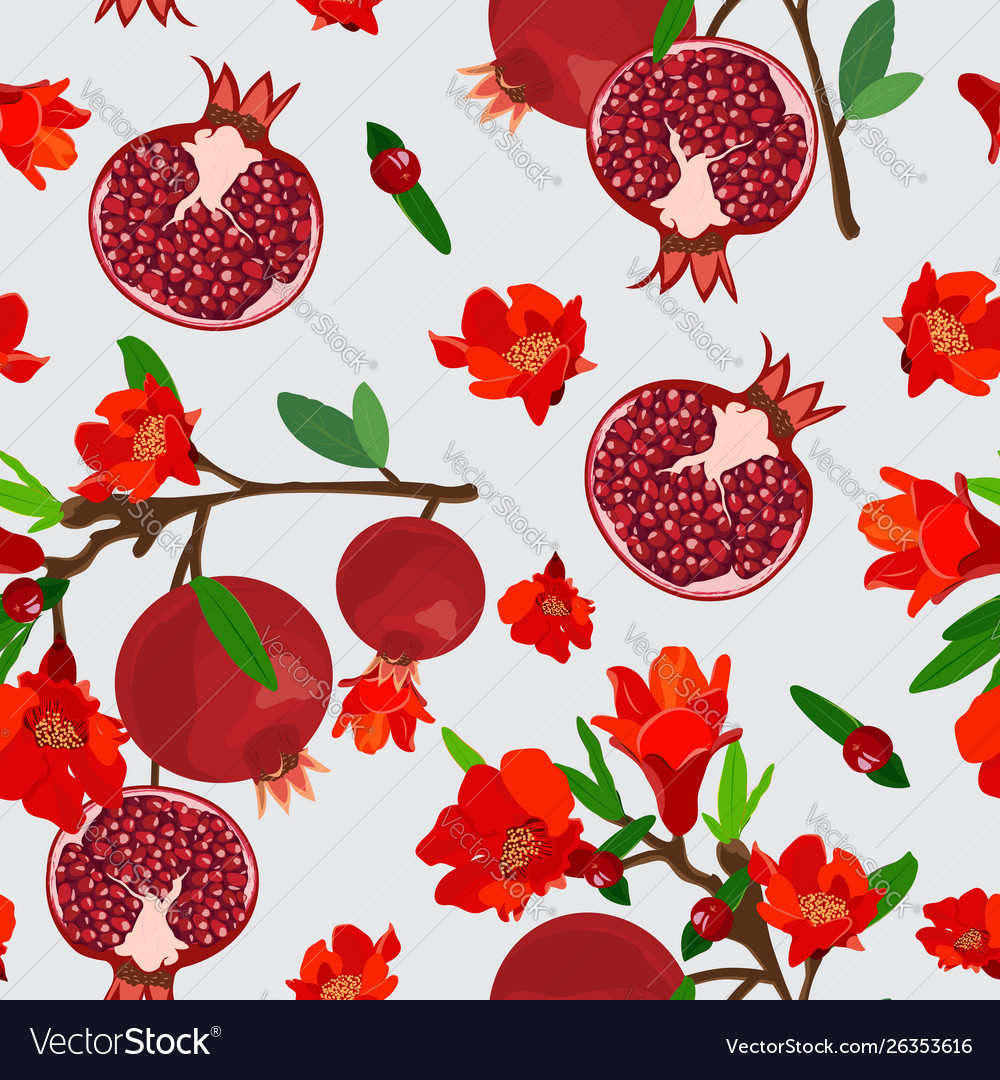 Pomegranate fruits seamless pattern with flower