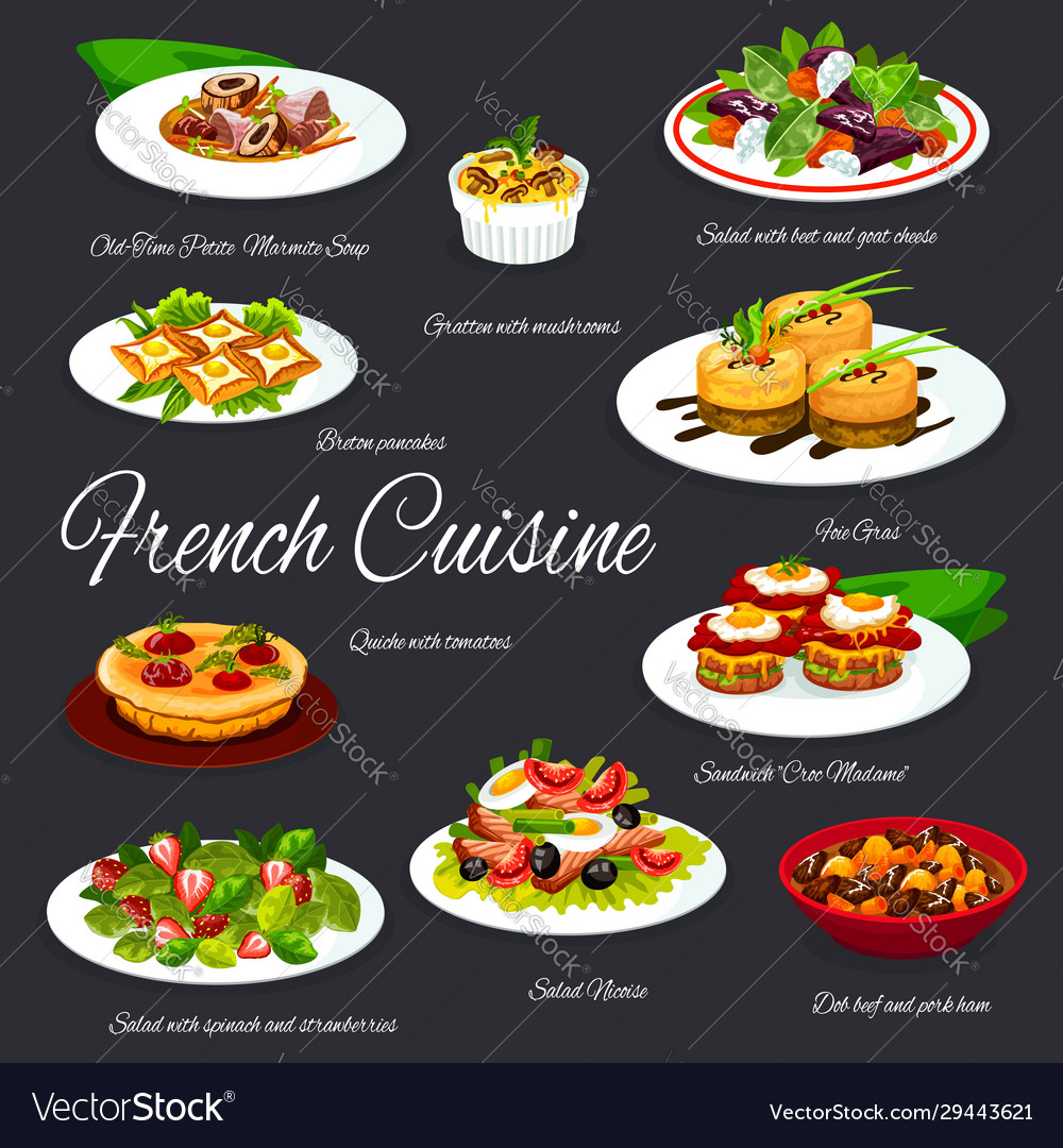 French food salads foie gras fish meat dishes Vector Image