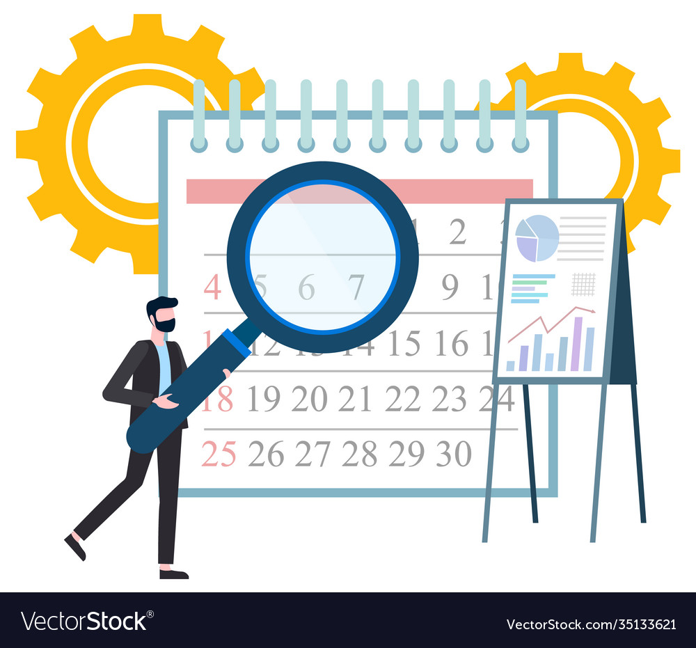 Man with magnifying glass and calendar