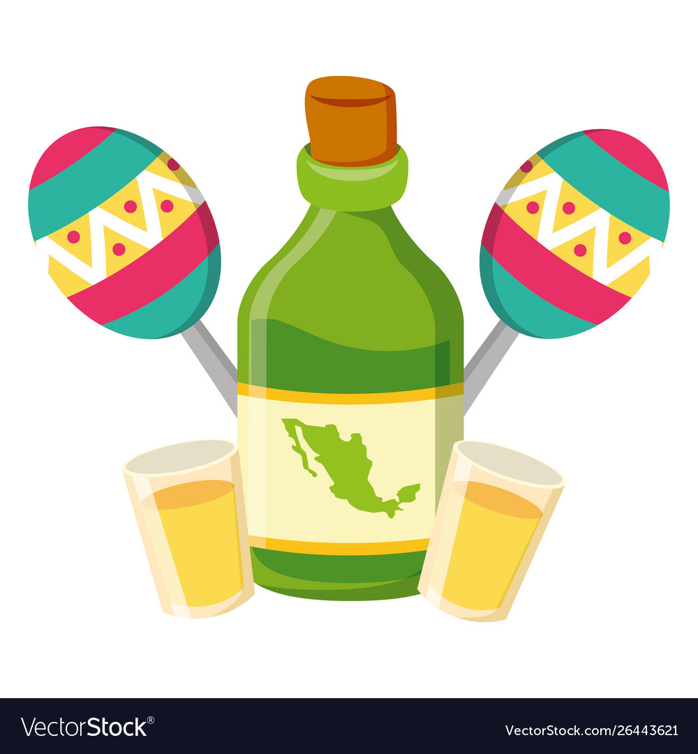 Tequila bottle with cups and maracas