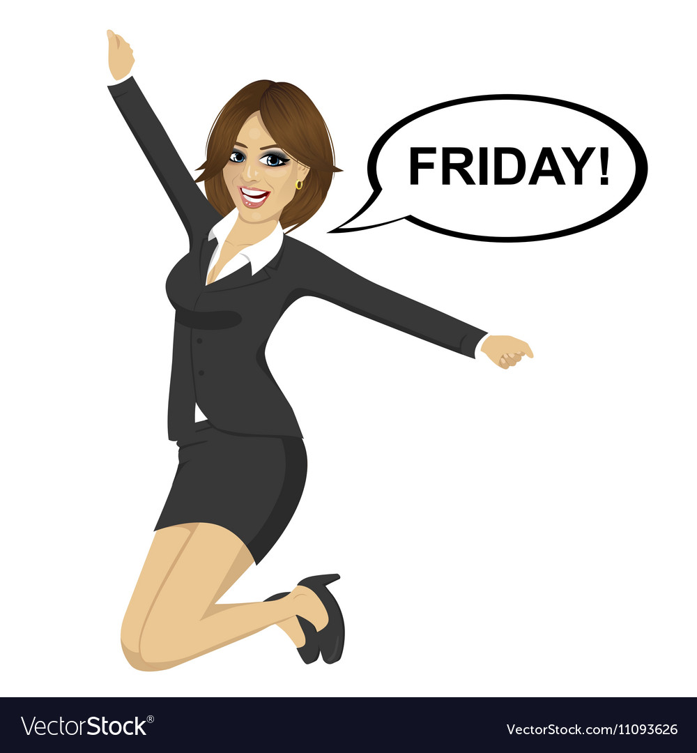 Businesswoman jumping happy with friday text Vector Image