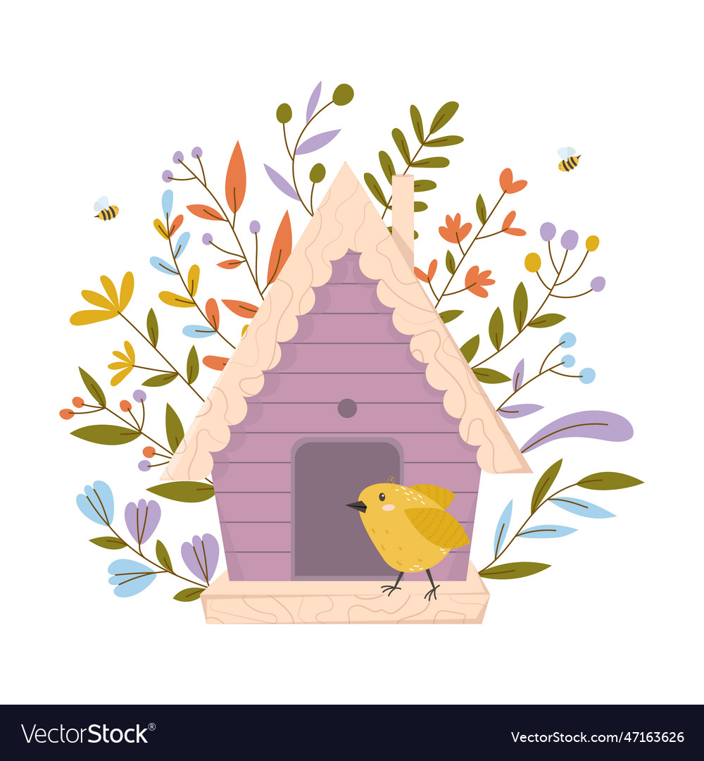 Wooden colorful birdhouse with small birds Vector Image