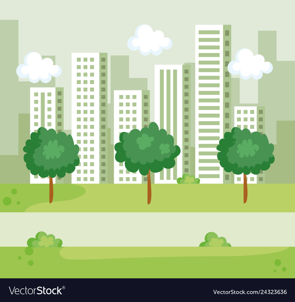 Nature Trees With Bushes And Building Cityscape