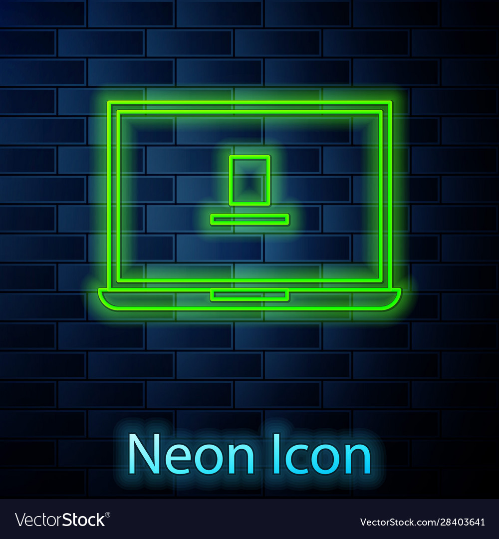 Glowing neon line laptop icon isolated on brick