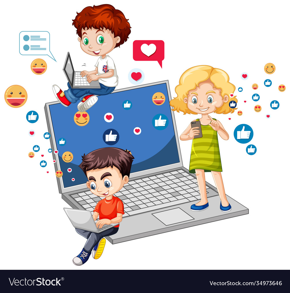 Children with social media elements on white