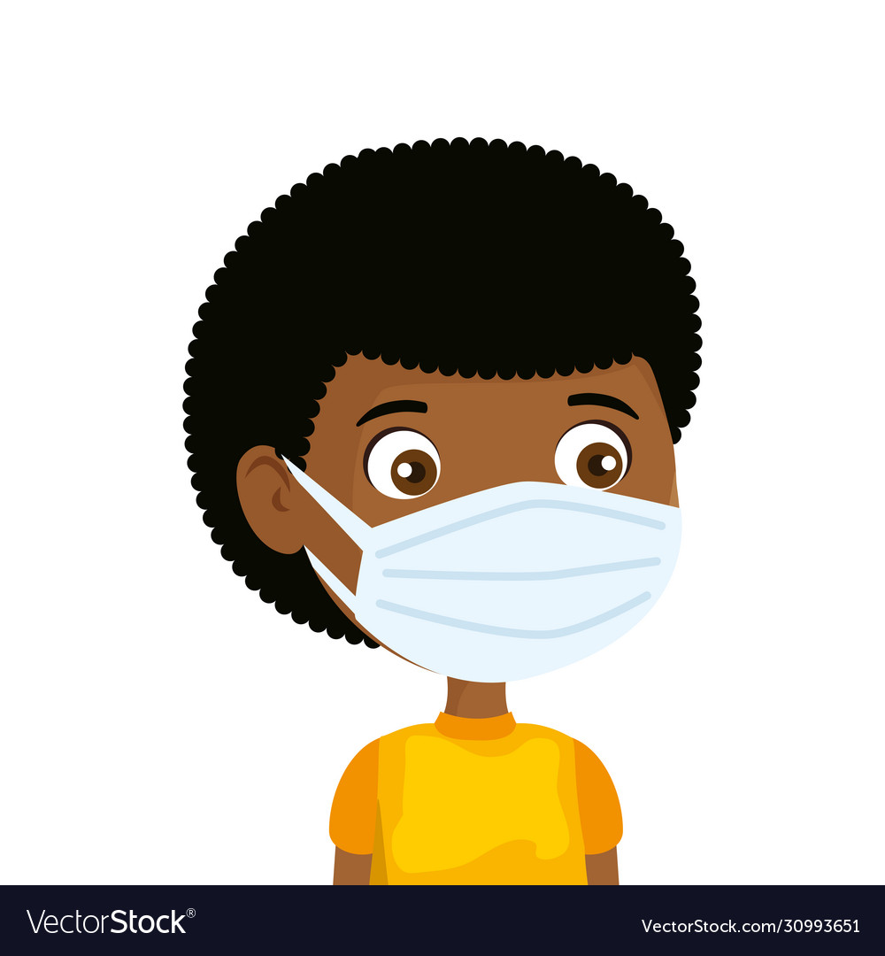 Cute boy afro using face mask isolated icon