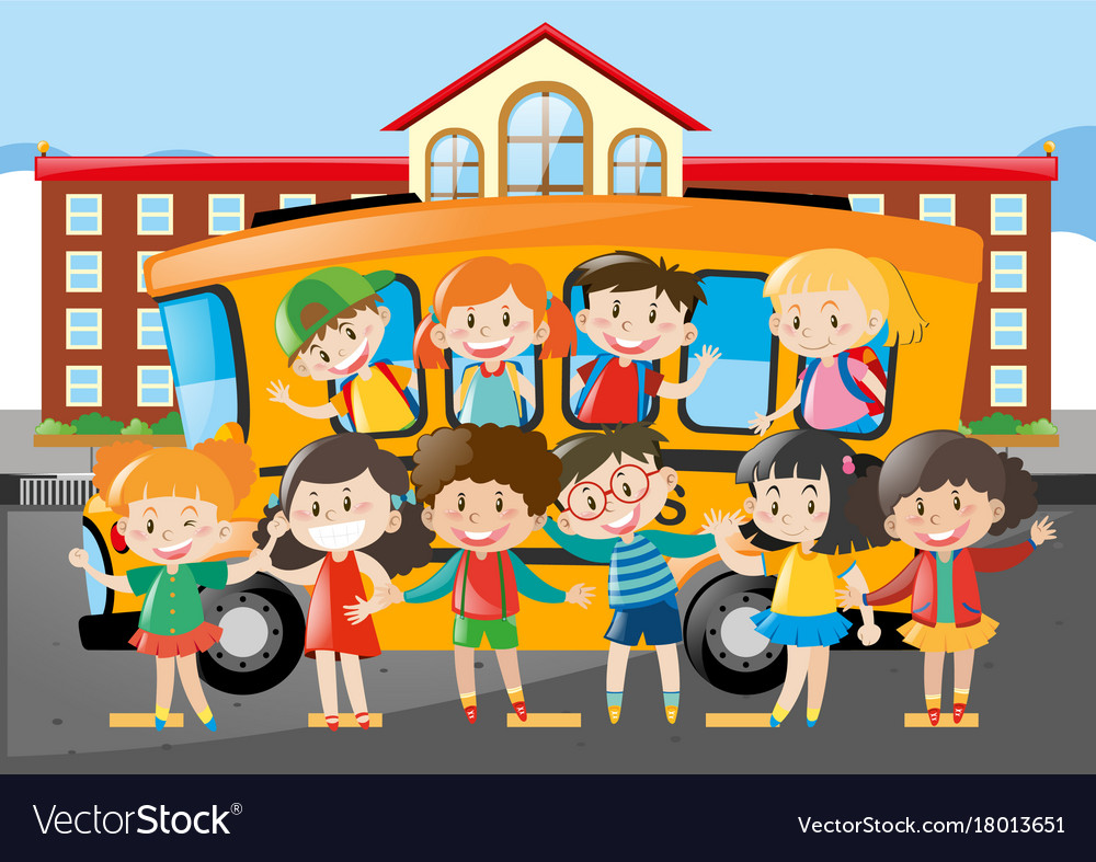 Many students riding on schoolbus to school Vector Image