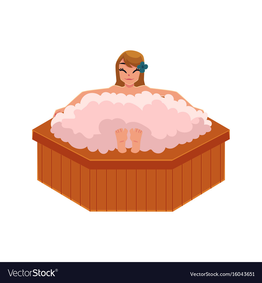 Woman Getting Foam Bath In Spa Relaxing In Round Vector Image