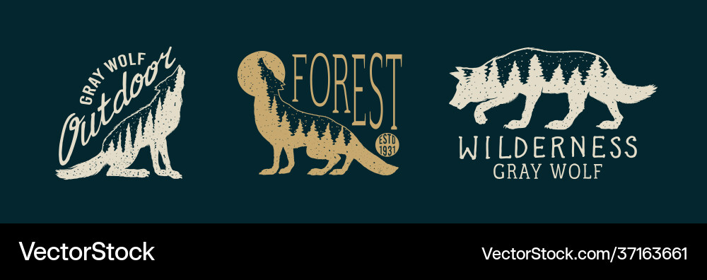 Gray wolf logo and badge forest and mountain Vector Image