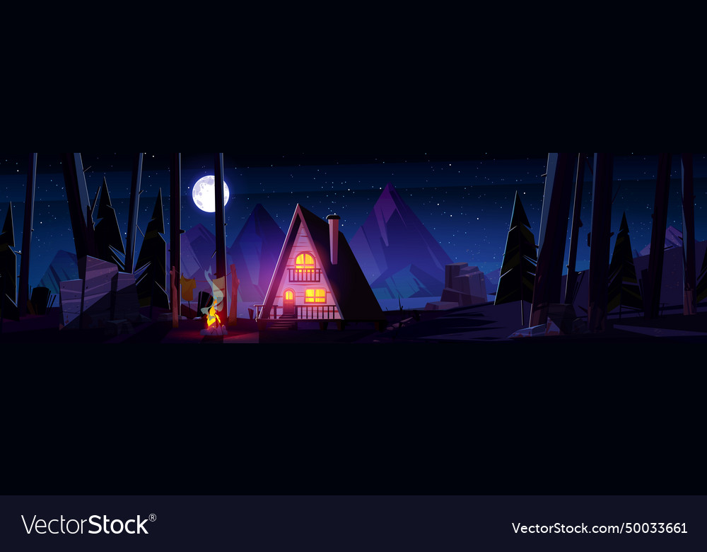 Wooden house near night forest river Royalty Free Vector