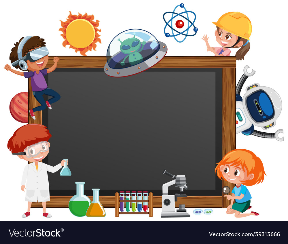 Empty blackboard with kids in technology theme