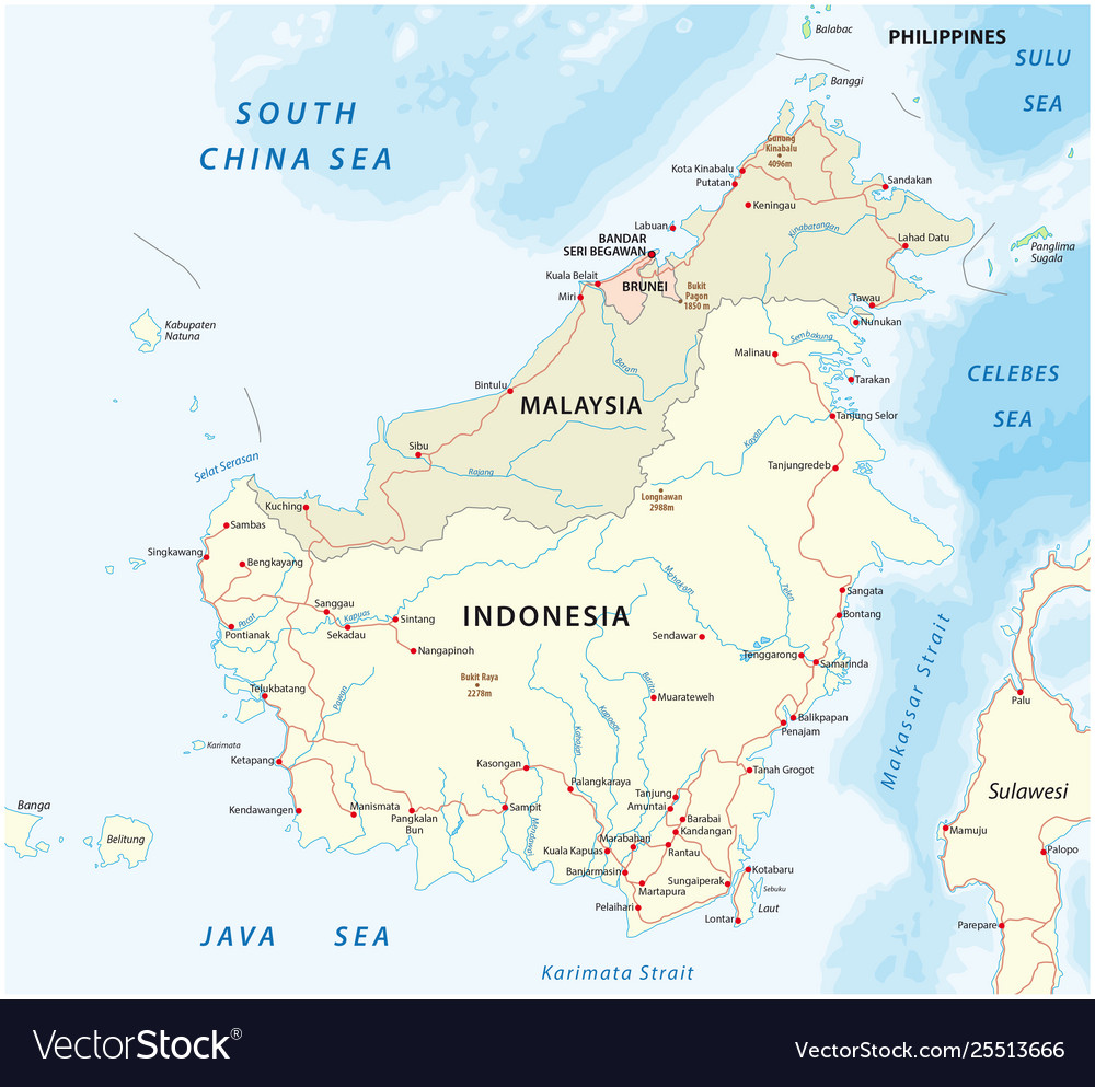 Peta Borneo Sabah Sarawak Road Map Island Borneo Kalimantan Royalty Free Vector Image