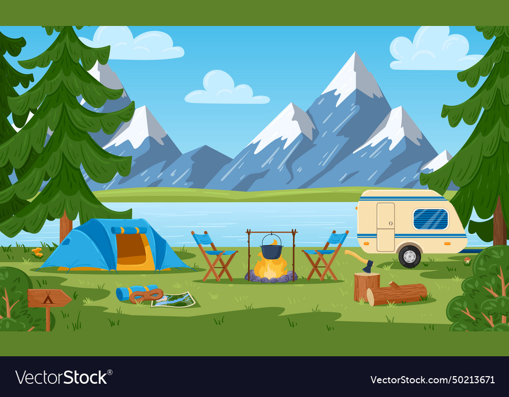 Cartoon Tourist Camp Summer Forest And Mountain Vector Image