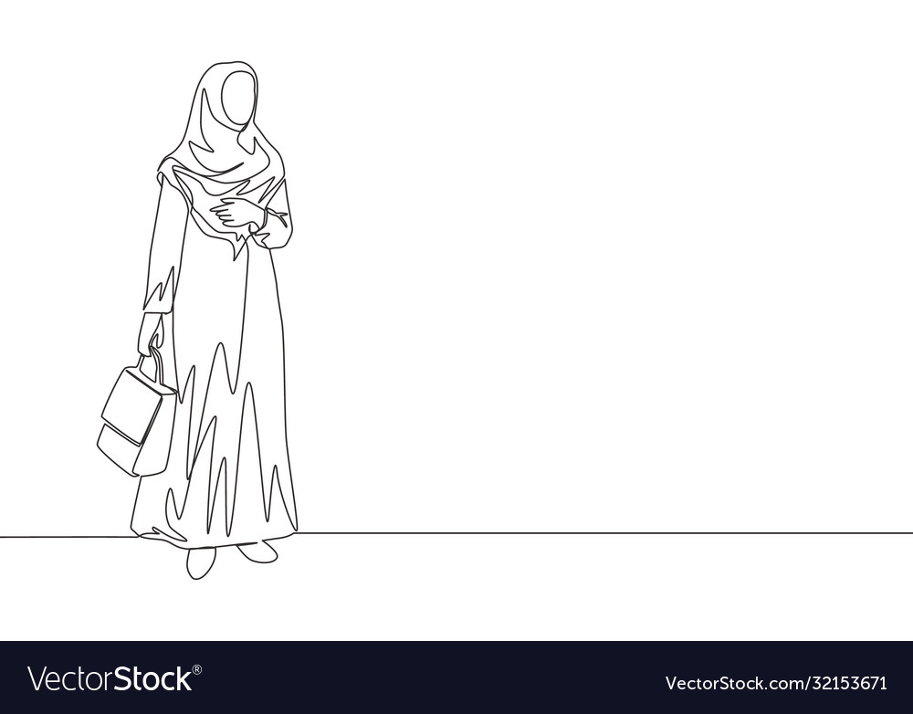 One single line drawing young happy muslim Vector Image