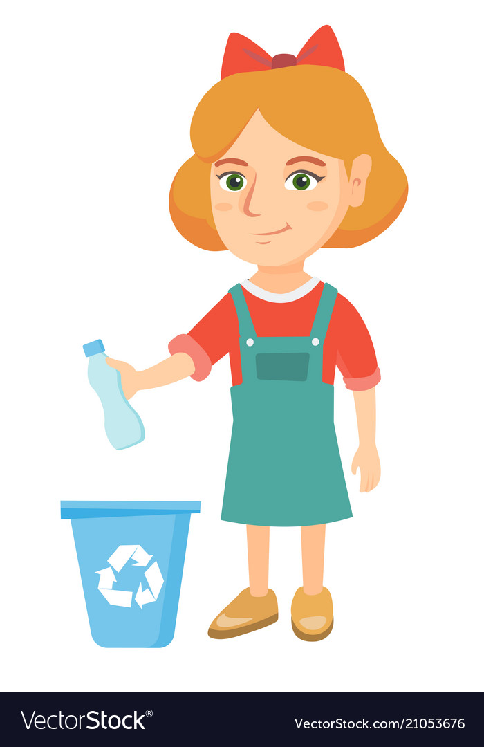 Girl throwing plastic bottle in recycle bin