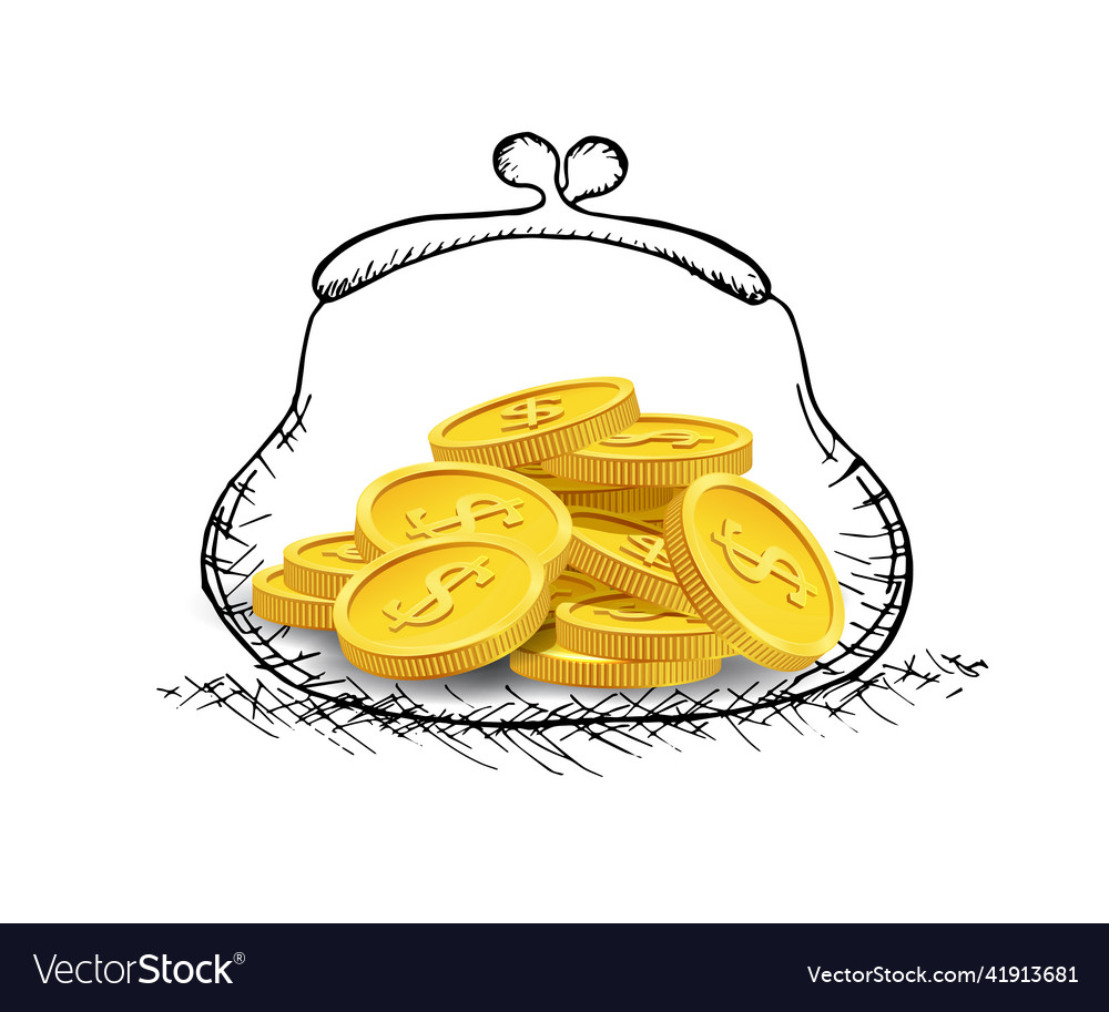 Hand drawn purse with golden coins