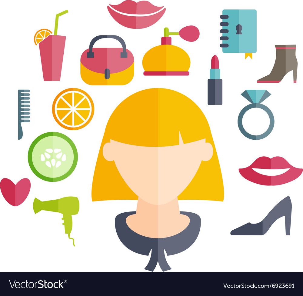 Flat design of a girl with hairstyle and icons