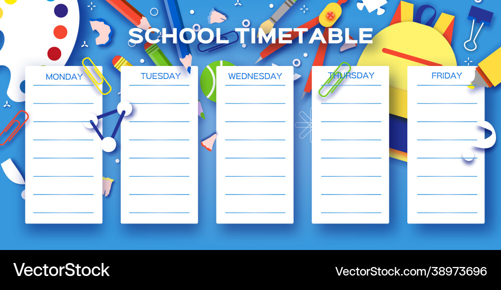 School weekly timetable equipment on every Vector Image