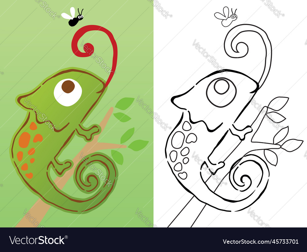 Cartoon of chameleon on tree branches stick out